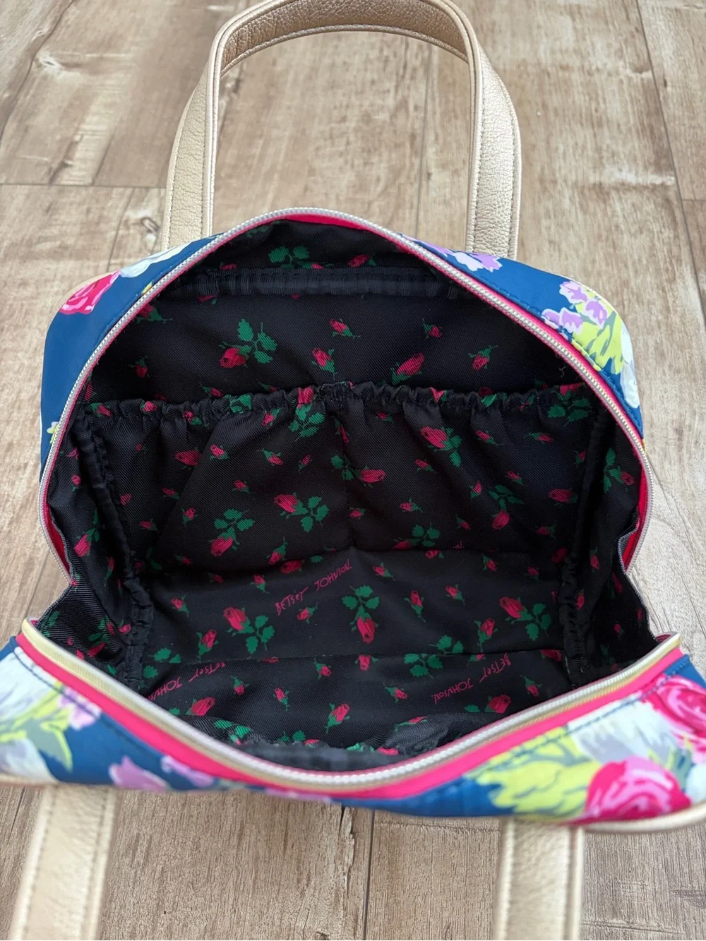 Betsey Johnson Floral Navy Cosmetic Bag with Pink Rose Print